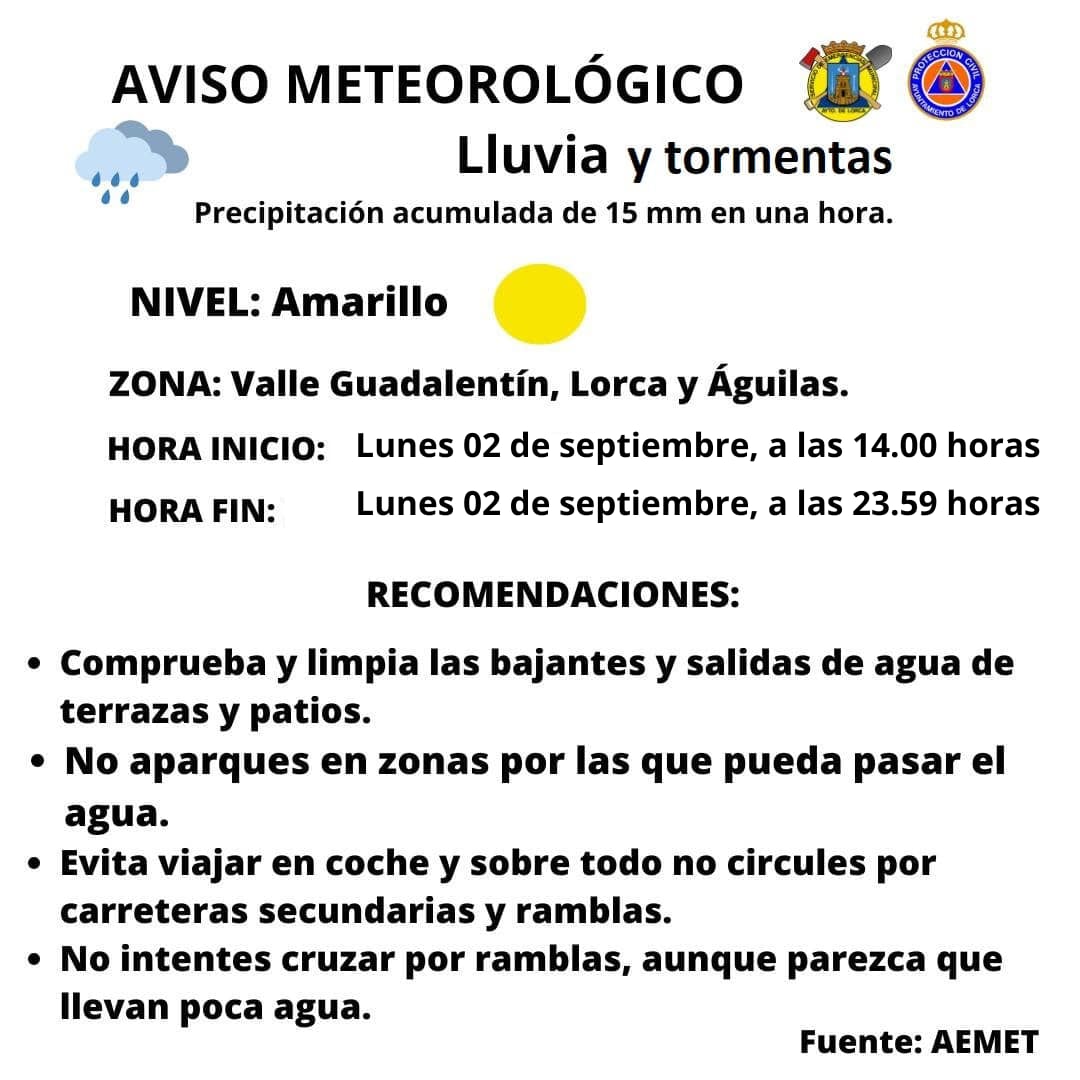 La Agencia Estatal de Meteorología activa el aviso amarillo por lluvias y tormentas en Lorca