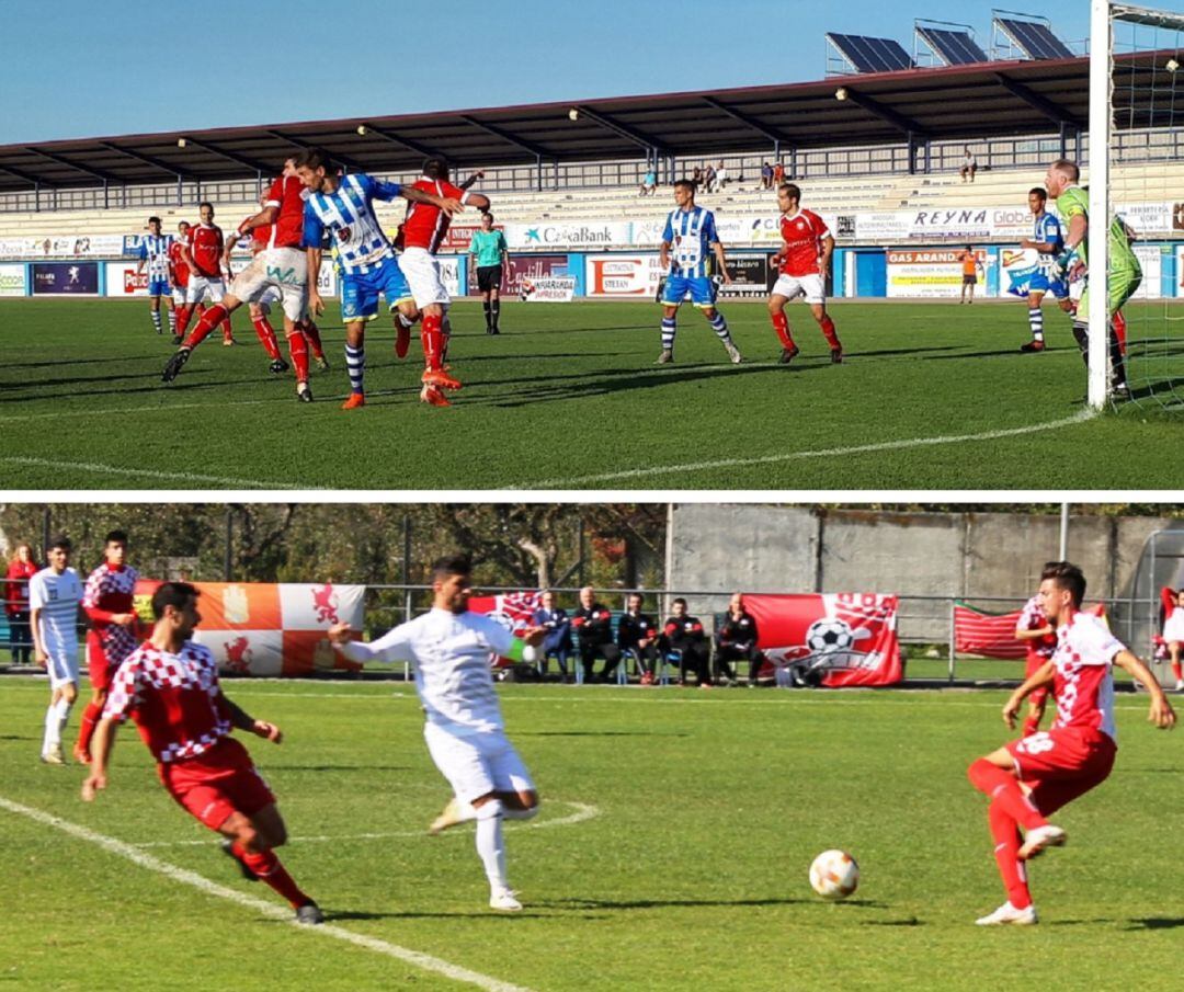 Imagen del último partido en casa de la Arandina ante el Briviesca -arriba- y un lance de Zazu (i) con Castilla y León ante Azerbaiyán -abajo-.