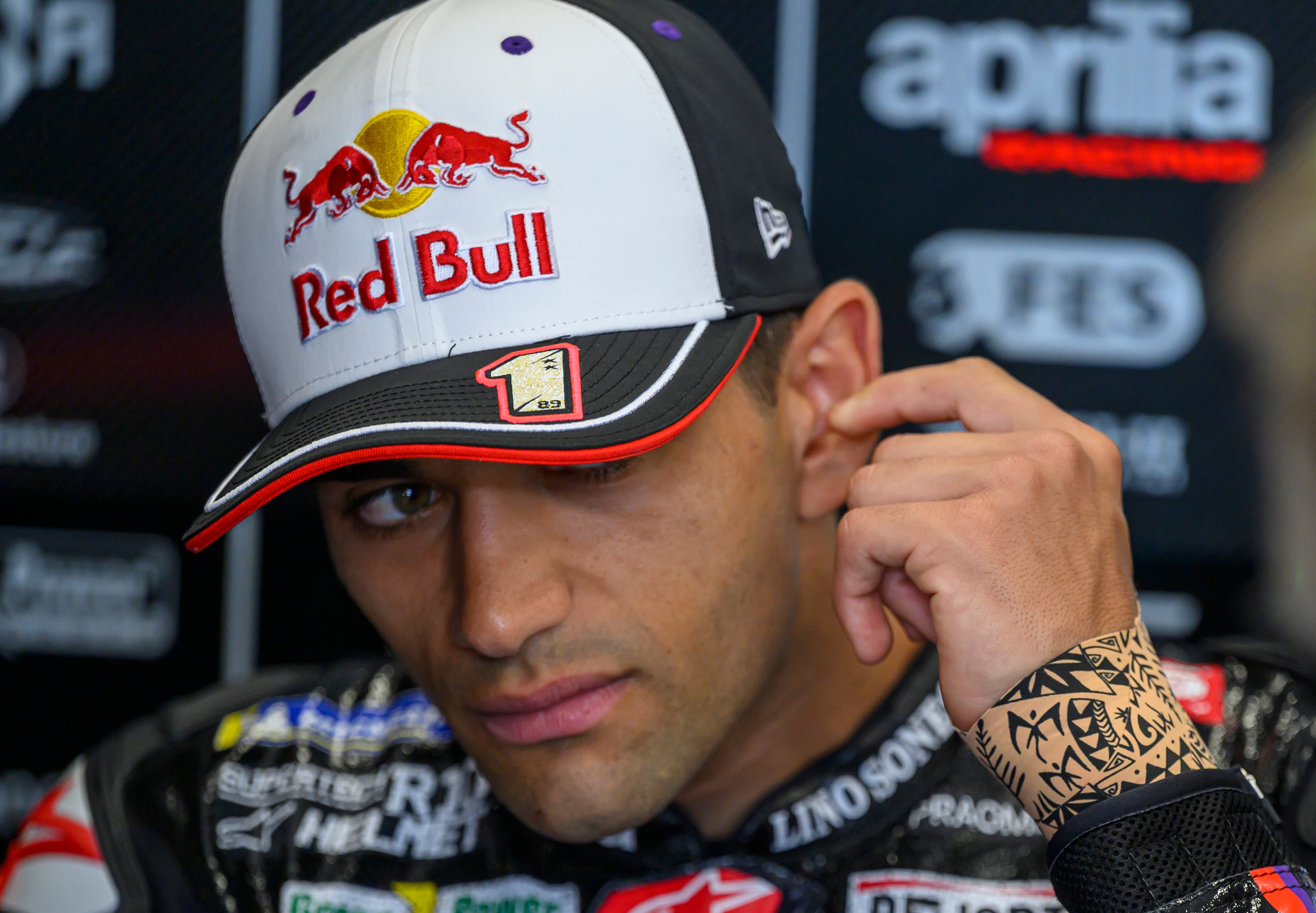 Spanish MotoGP rider Jorge Martin of Aprilia Racing reacts in the garage before the qualifying of the Qatar Airways Motorcycle Grand Prix of Qatar at Lusail International Circuit in Lusail, Qatar, on April 12, 2025. (Photo by Noushad Thekkayil/NurPhoto via Getty Images)