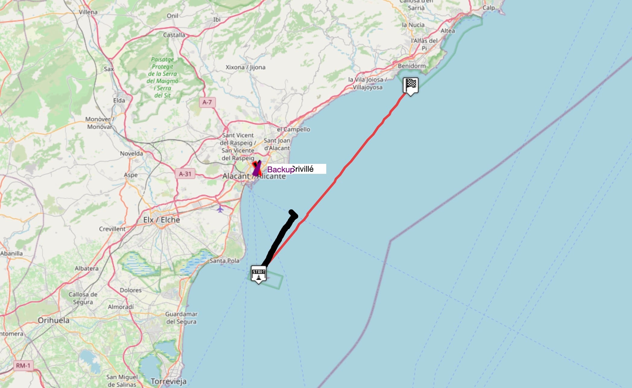 Ruta (en negro) cubierta por Jorge Crivillés hasta su abandono