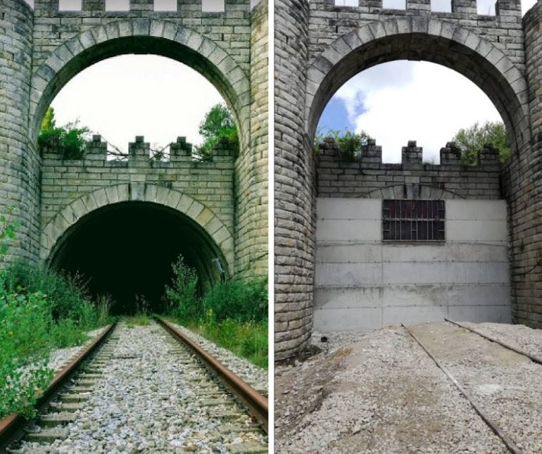 Las bocas del túnel de Somosierra cuyo interior sufrió el derrumbe que obligó a cerrar la línea antes y después de ser tapiado por ADIF