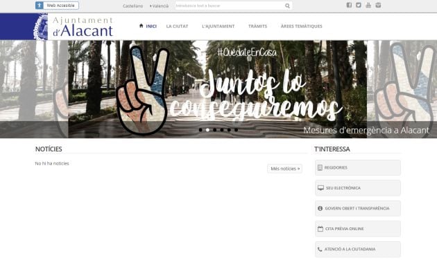 Página web del Ayuntamiento de Alicante en la que, en su opción de idioma valenciano, no aparecen noticias de actualidad