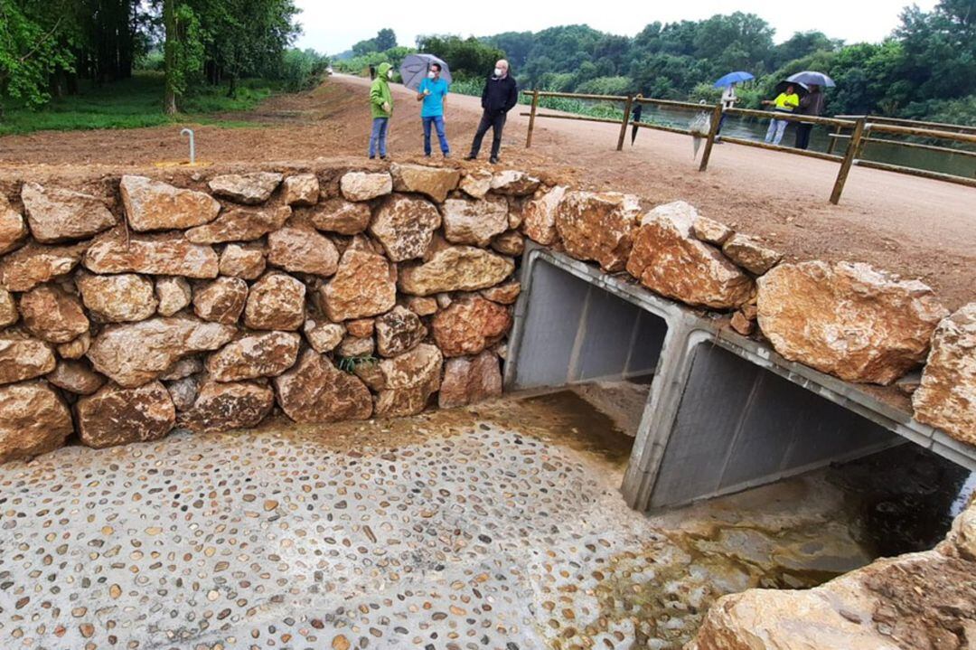 Pla general de la visita de les autoritats a la mota del riu Ter amb les obres finalitzades