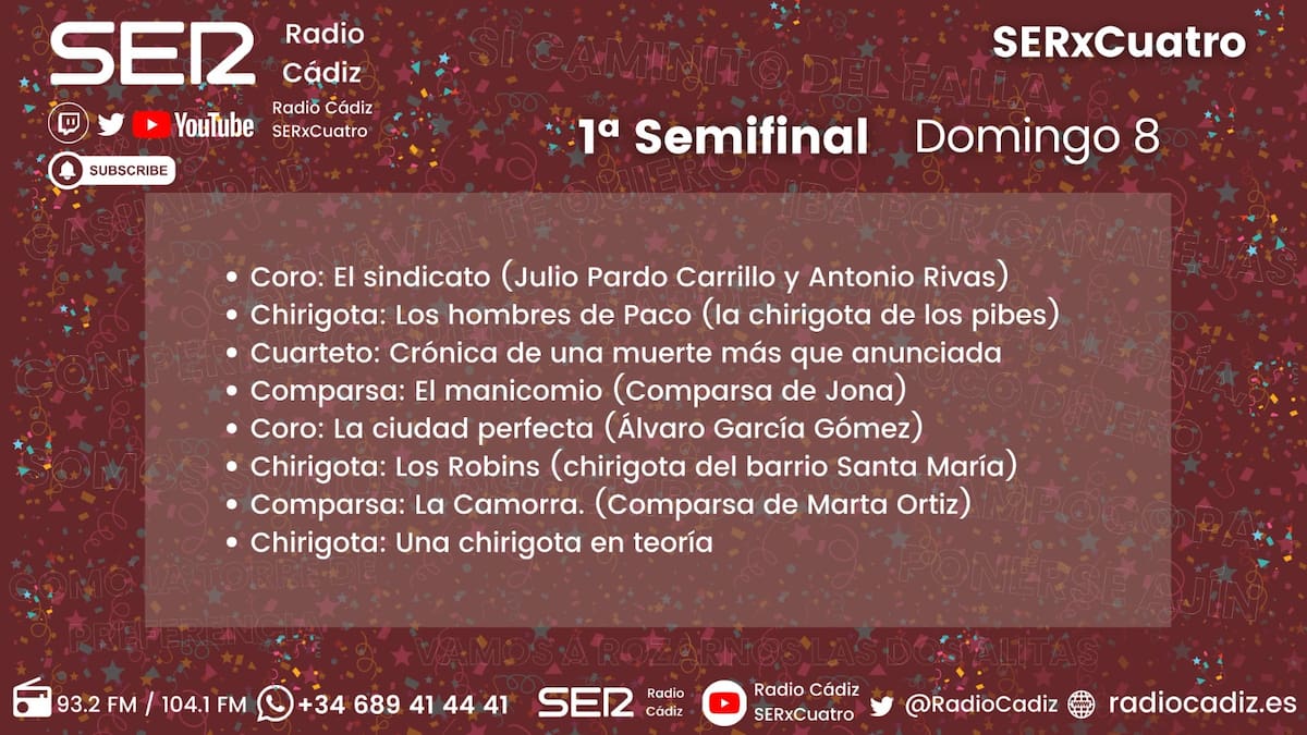 Quién canta hoy en el COAC 2026: orden de actuación de la primera sesión de Semifinales