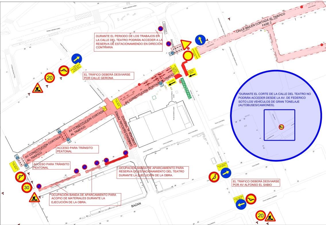 Plano del corte de tráfico en la calle del Teatro de Alicante