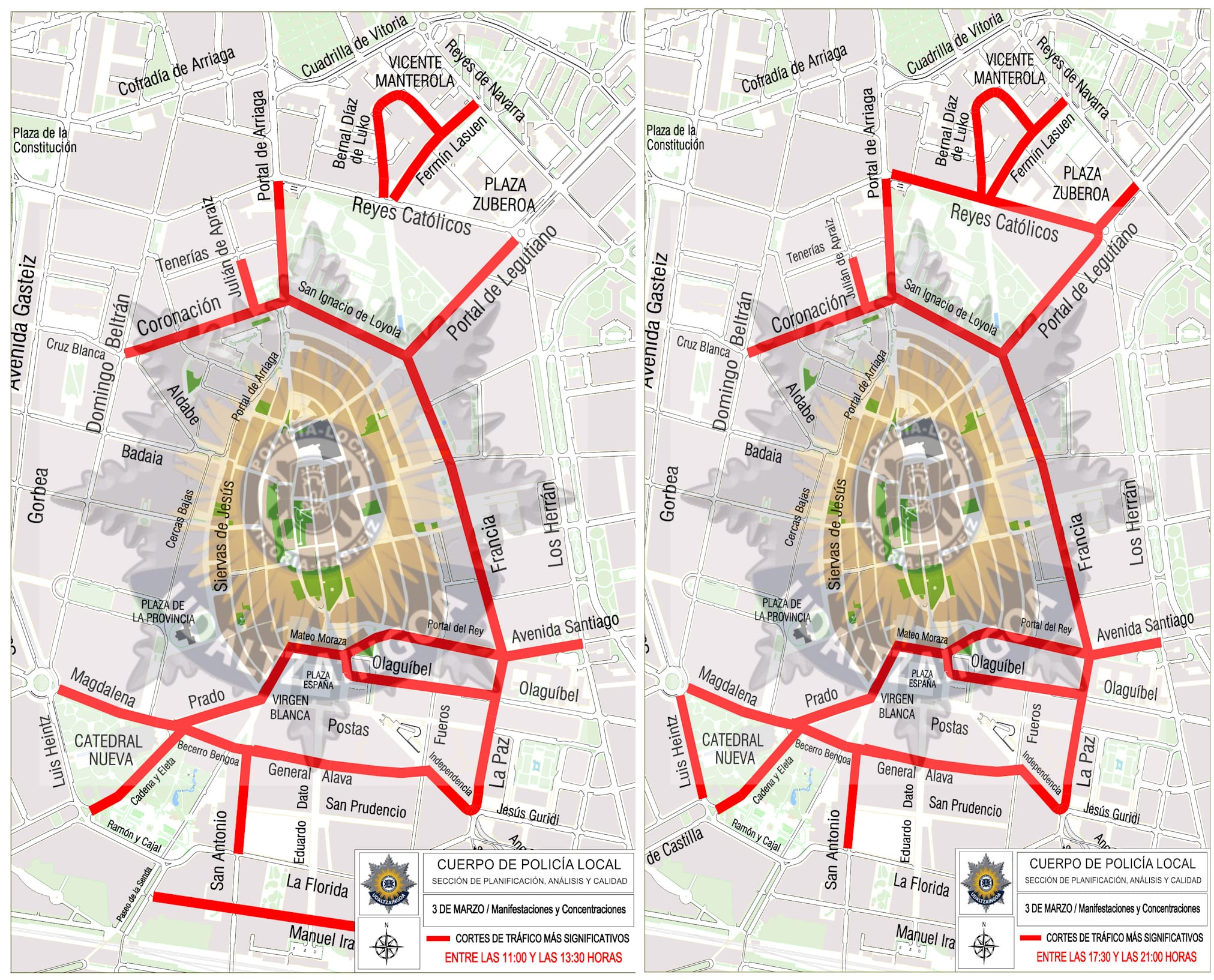 Cortes de tráfico en el centro de Vitoria por la mañana y por la tarde del 3M