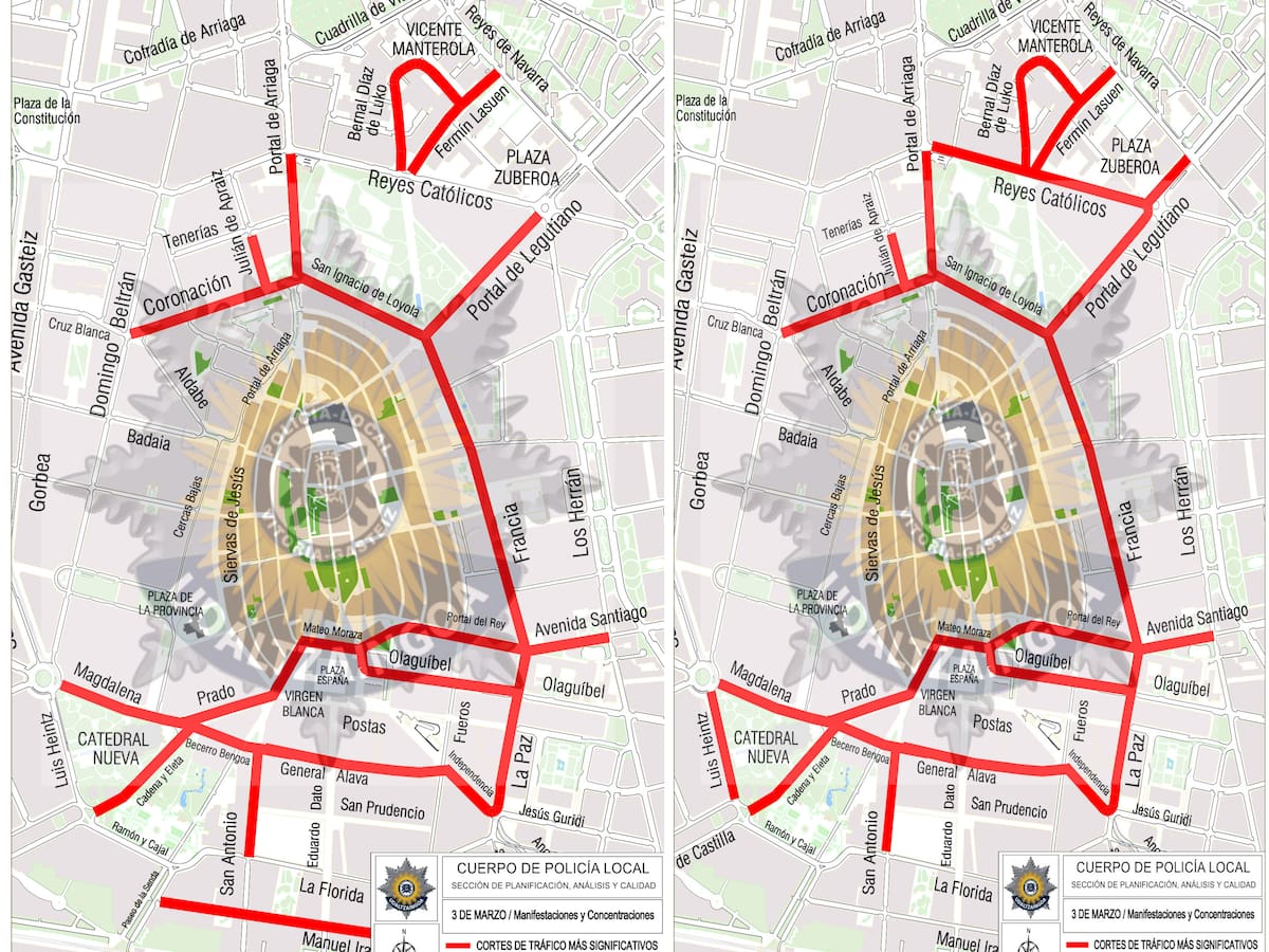 Cortes de tráfico en los accesos al centro de Vitoria durante el 3M