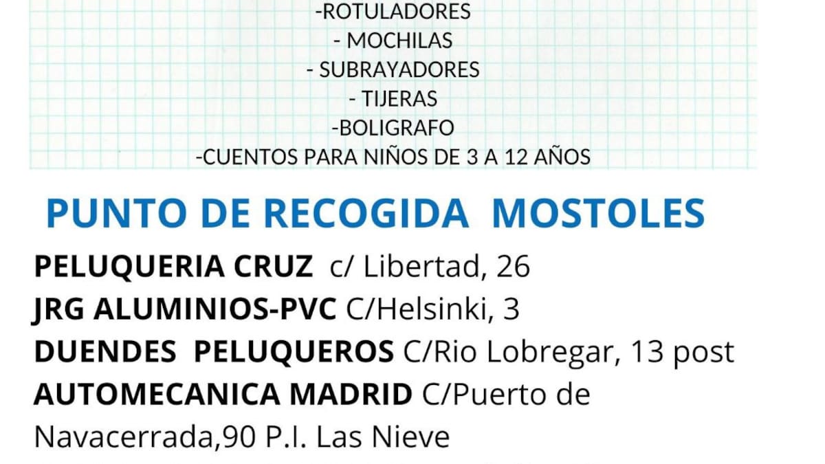 Campaña de recogida de material escolar para afectados por la DANA en Móstoles