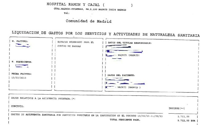 La factura que el hospital Ramón y Cajal ha enviado a Mónica