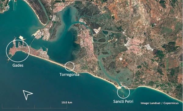 Mapa de la isla de Cádiz, con localizaciones de la antigua Gades, Torregorda, donde pudo situarse el “ídolo” de Cádiz, y Sancti Petri
