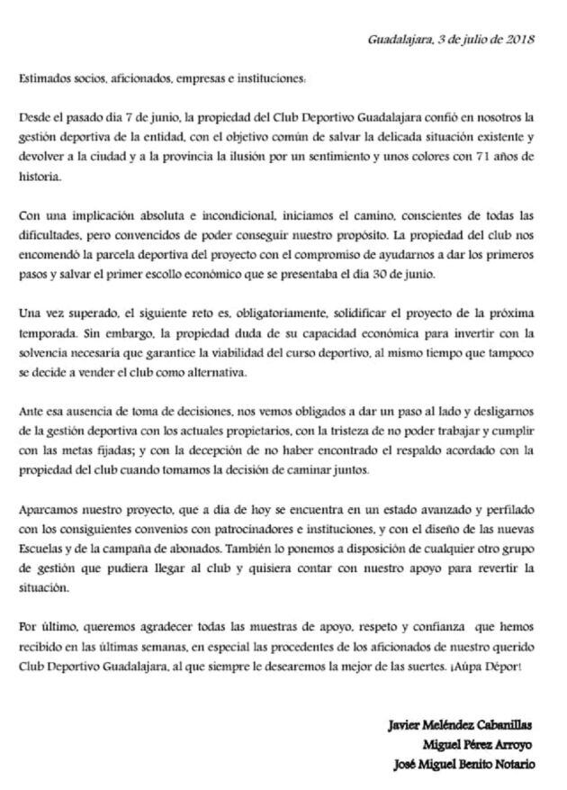 Carta enviada por Meléndez y el resto del cuerpo técnico.