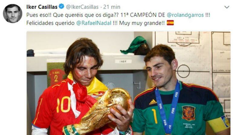 Iker Casillas felicita a Rafa Nadal por su undécimo Roland Garros