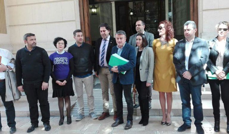 Miembros de todos los grupos de la oposición, en una protesta ante el Palacio Provincial por el veto del PP a sus propuestas