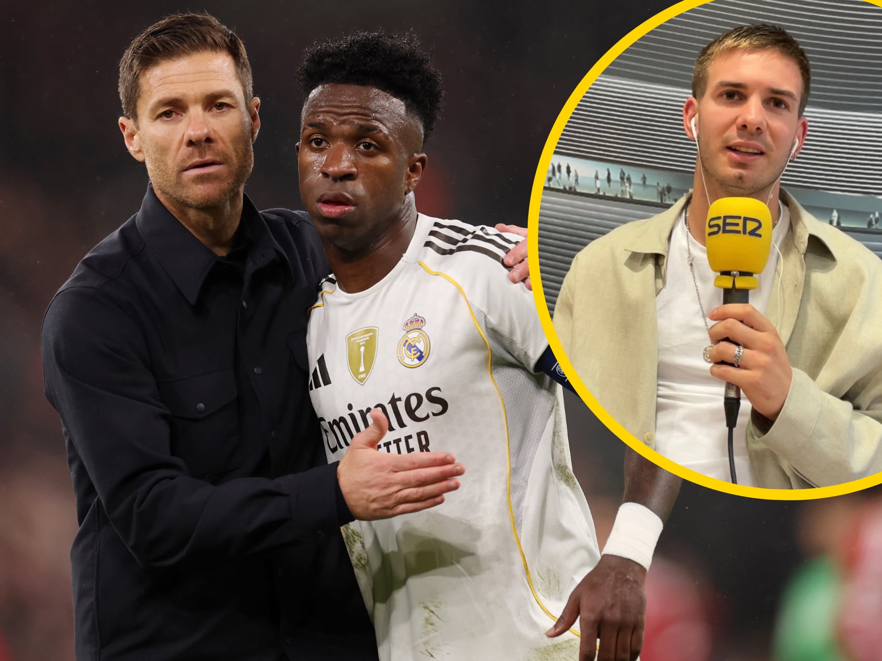 Montaje fotográfico con las fotografías de Xabi Alonso, Vinicius Junior y Franco Mastantuono