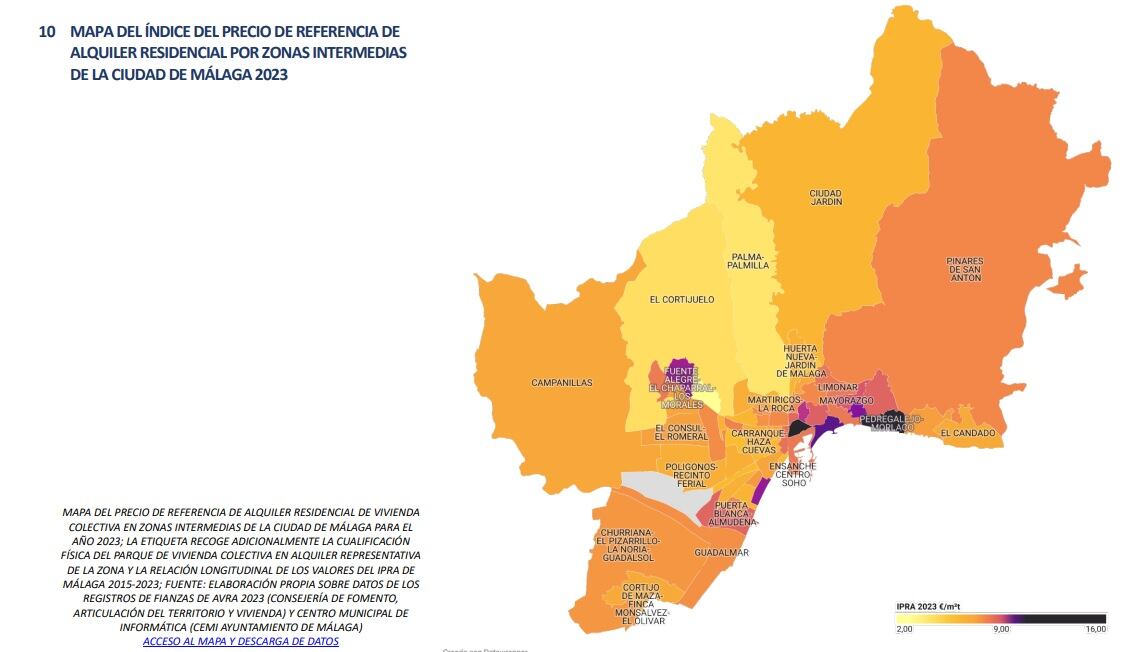 Mapa del estudio encargado por el Ayuntamiento a la sociedad Espacio Común Coop sobre el alquiler de Málaga