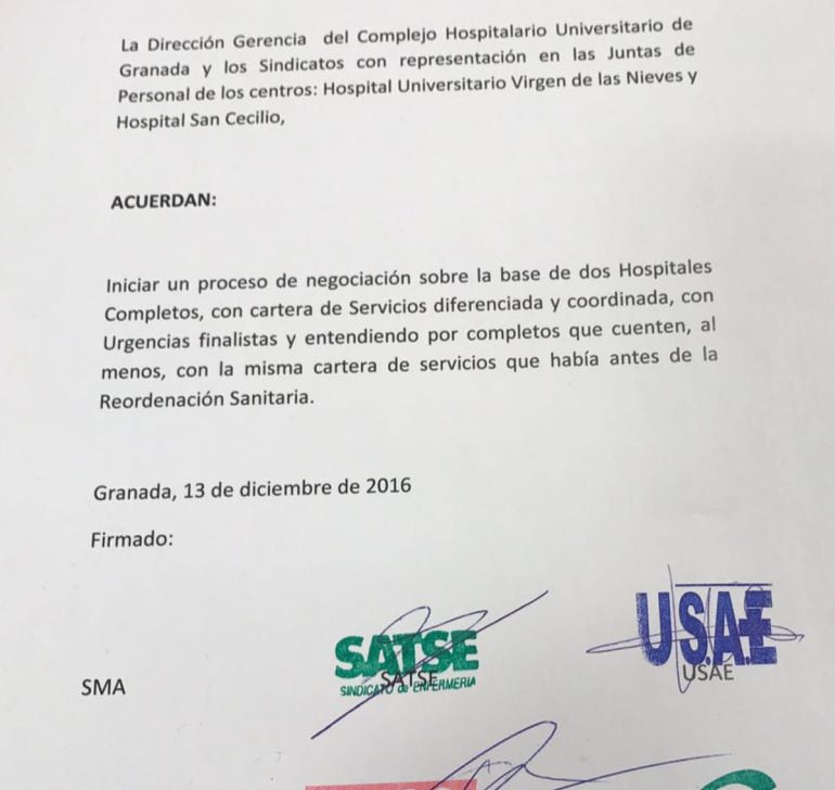 Documento del acuerdo de la gerencia del Complejo Hospitalario de Granada con todos los sindicatos sanitarios excepto el Sindicato Médico