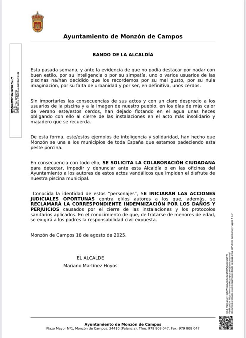 Bando emitido por el alcalde de Monzón de Campos
