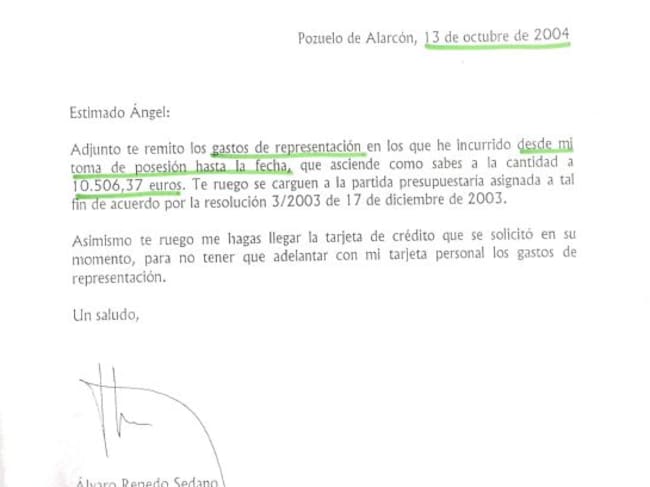 Carta remitida por Álvaro Renedo al subdirector general de Telemadrid en la que le remite los gastos realizados entre enero y octubre y le solicita una Visa de empresa