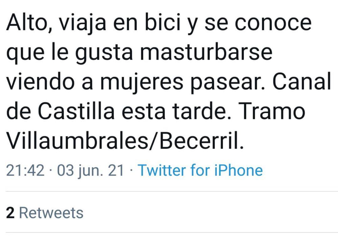 Twitt en el que se denuncia la presencia de un exhibicionista en el Canal de Castilla a su paso por Palencia
