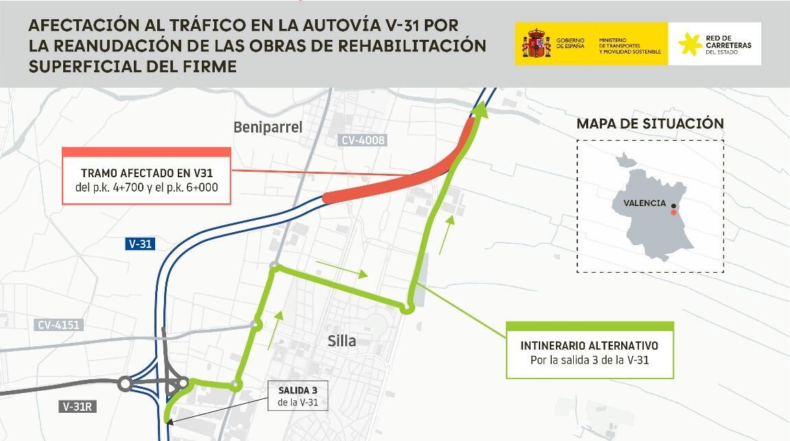 Itinerario alternativo durante el corte nocturno de la pista de Silla (V-31) por el reasfaltado.