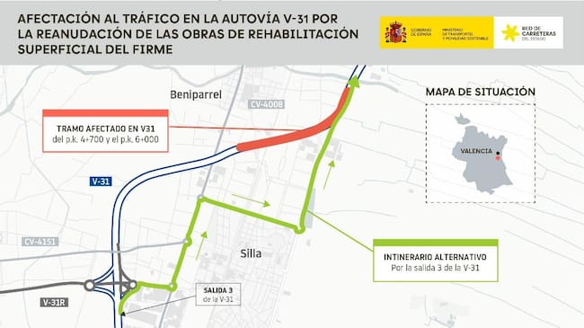 Itinerario alternativo durante el corte nocturno de la pista de Silla (V-31) por el reasfaltado.