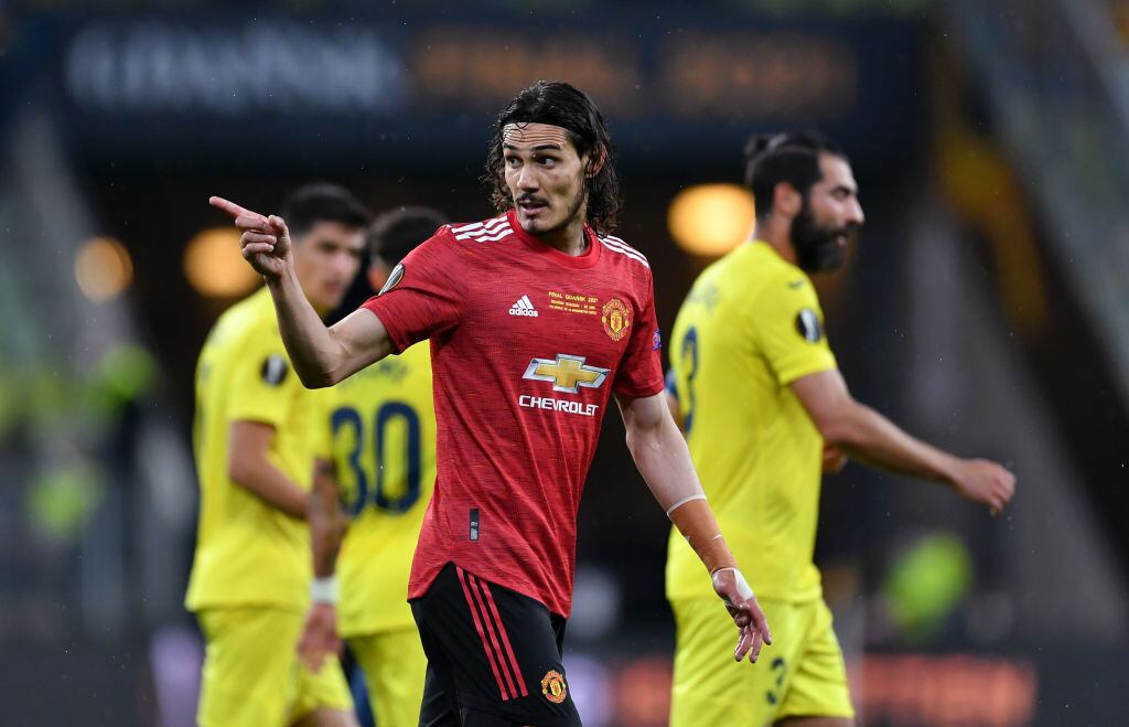 Edinson Cavani of Manchester United gestures during the UEFA Europa League Final between Villarreal CF and Manchester United at Gdansk Arena on May 26, 2021 in Gdansk, Poland. (Photo by Adam Warzawa - Pool/Getty Images)