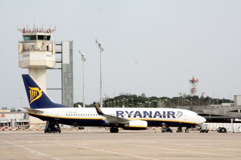Un avió de Ryanair aparcat a Girona.
