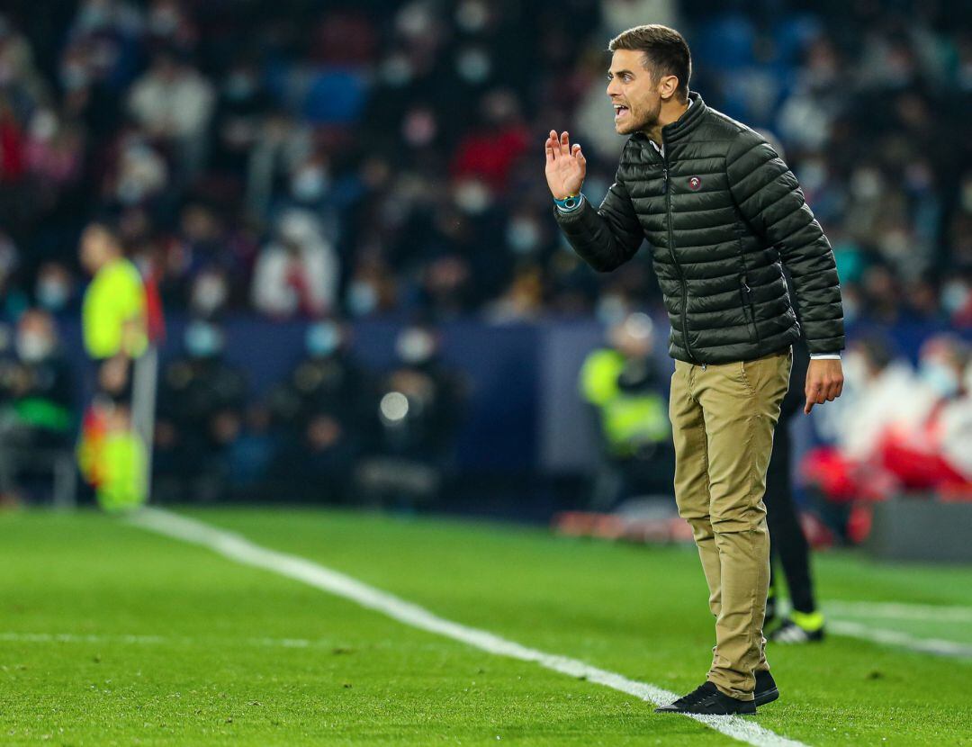 Alessio Lisci, head coach asistent of Levante UD, gestures during the Santander League match between Levante UD and Valencia CF at the Ciutat de Valencia Stadium on December 