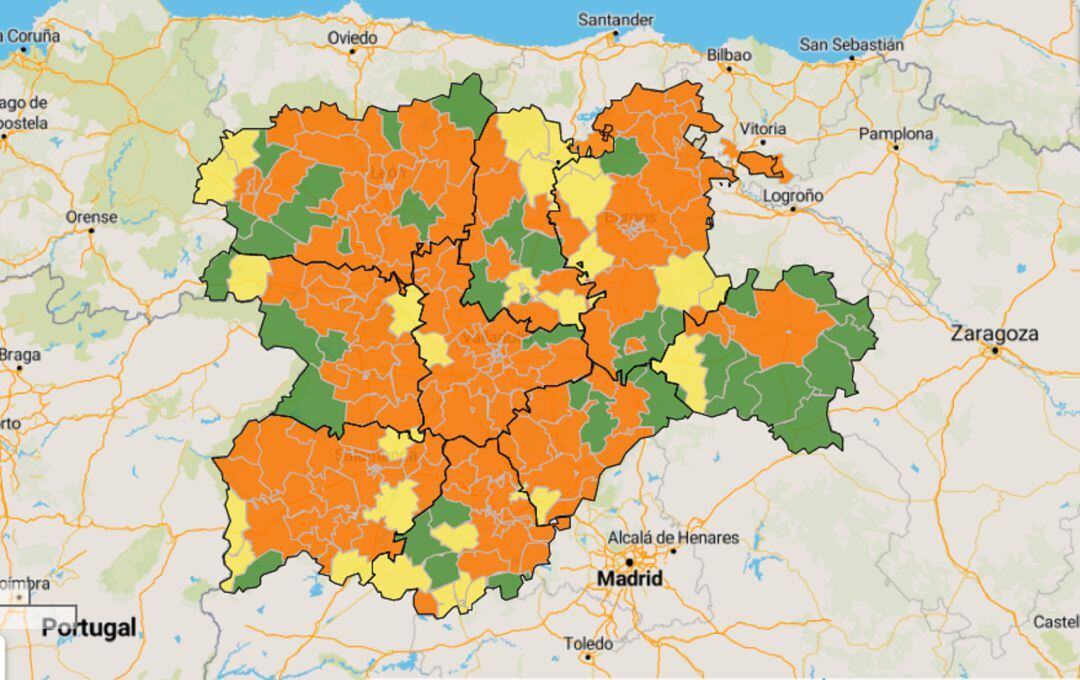 Mapa de incidencia de la pandemia por zonas básicas de salud de Castilla y León a 1 de diciembre de 2021