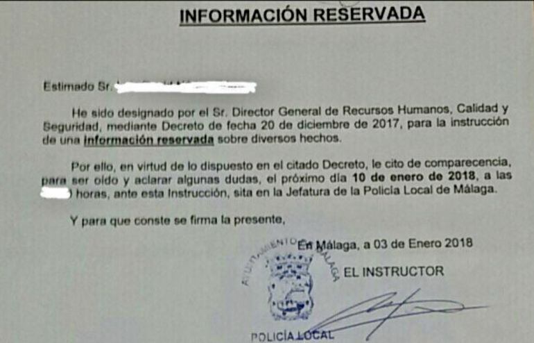 El escrito que han recibido un grupo de bomberos de Málaga