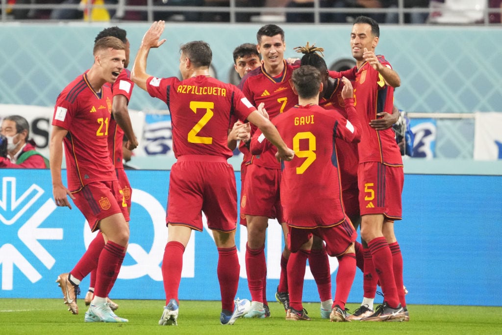 La selección española celebra un gol en el Mundial de Qatar 2022.