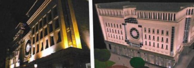 Fachada del Ayuntamiento y recreación con la futura iluminación