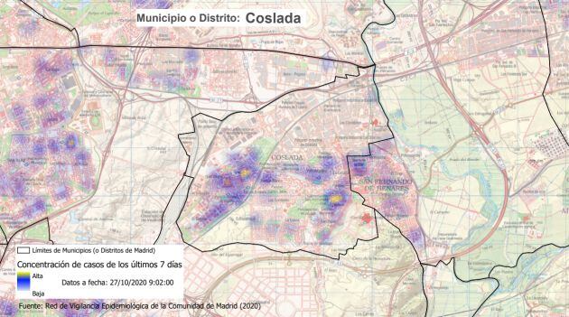 Mapa de contagios de Covid-19 en Coslada