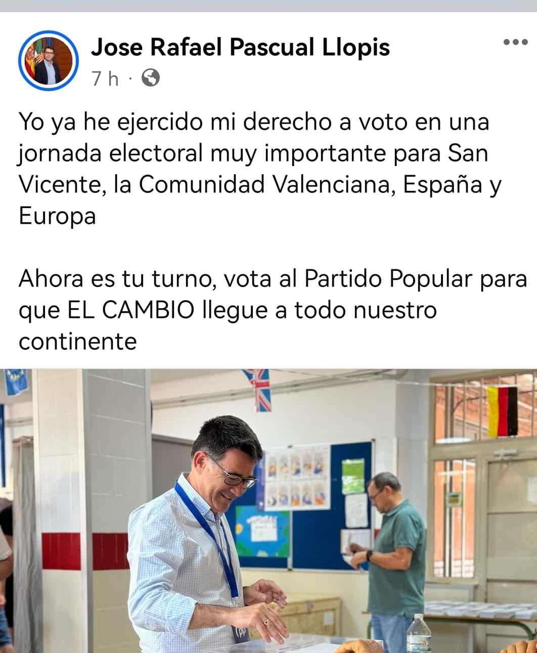 Captura de pantalla de la cuenta de Facebook de Pachi Pascual donde pide el voto para el PP