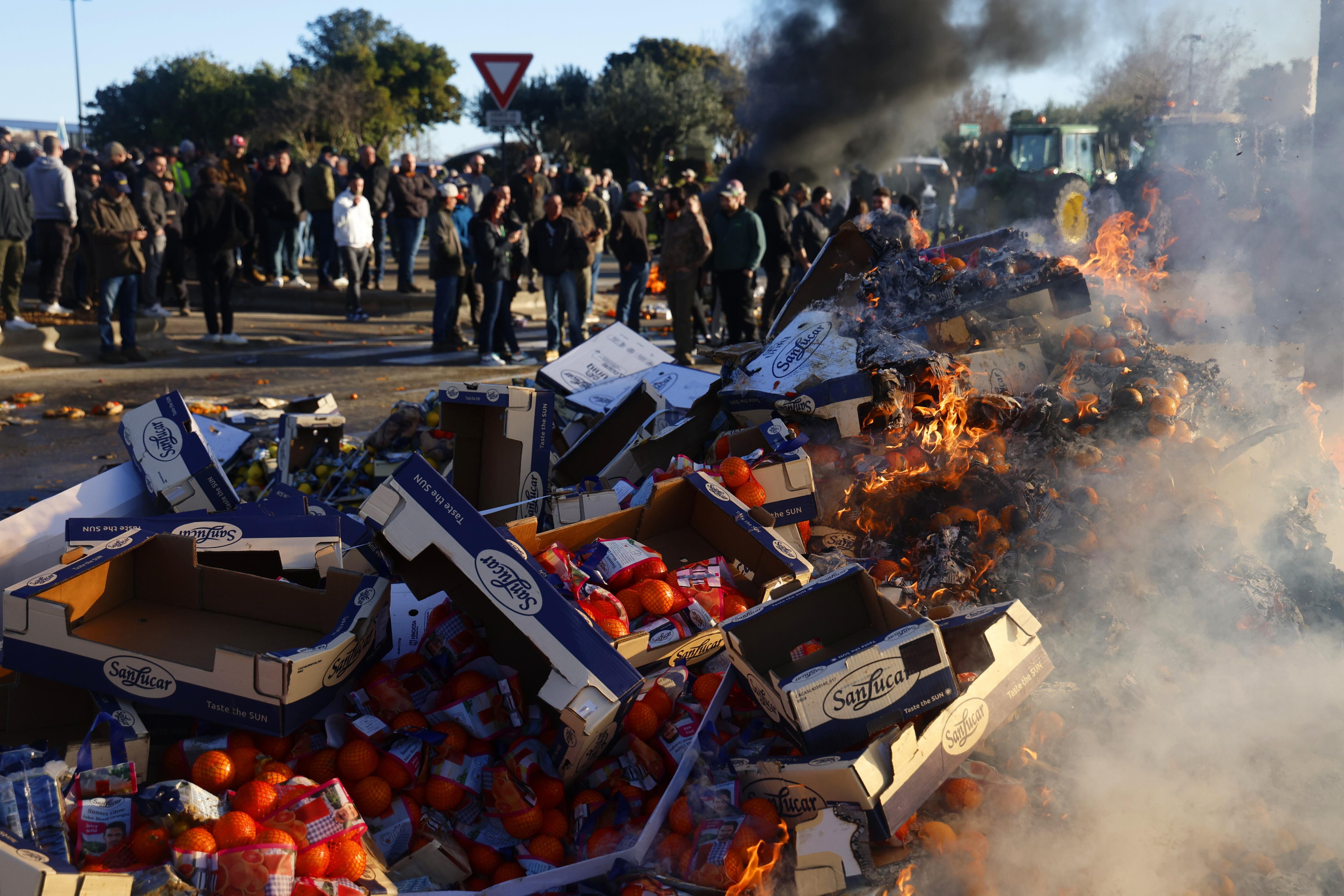 Agricultores franceses queman frutas españolas durante una manifestación en la que han bloqueado la autopista A9 en Nîmes, en el sur de Francia.