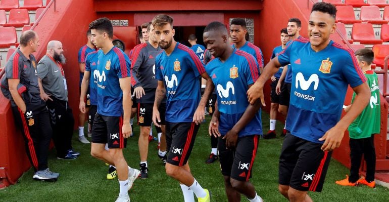 Los jugadores de la sub-21 durante el entrenamiento en Albacete 