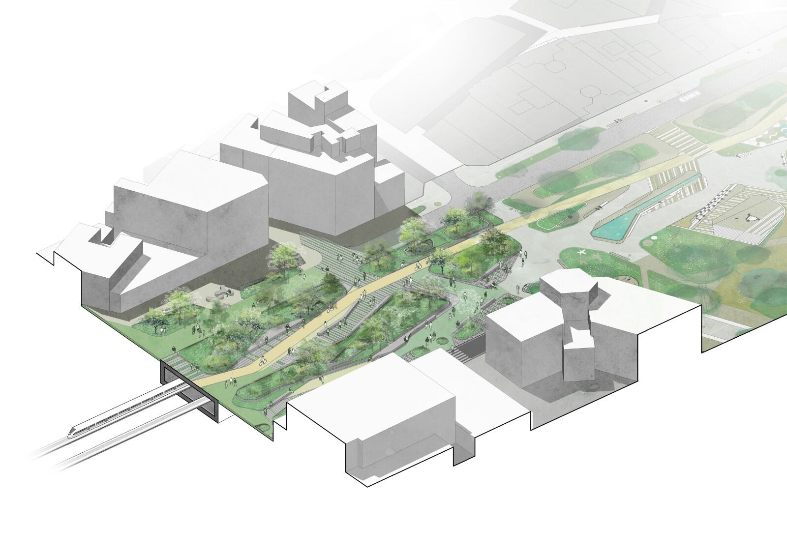 Simulación de la propuesta para el entorno liberado por las vías del tren en Murcia