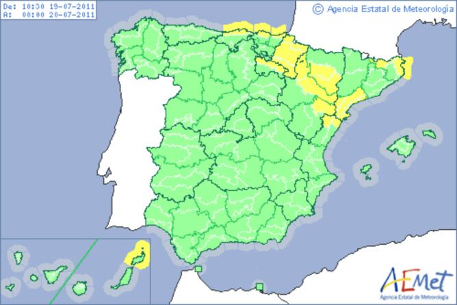 Las previsiones apuntan a que un total de 13 provincias estarán en alerta por fuertes lluvias y viento.