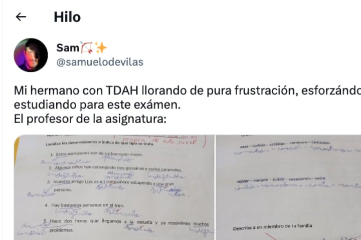 Imagen del primer tweet del hilo en el que el usuario @Samuelodevilas cuenta lo que le sucedió a su hermano con TDAH durante una clase de Primaria