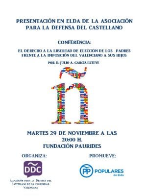 Cartel de la conferencia de la Asociación para al defensa del Castellano en Elda