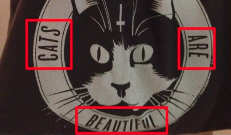 Foto del bolso de la denunciada, con la inscripción &quot;all cats are beautiful&quot;.