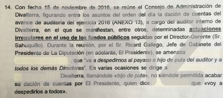 La SER accede a la denuncia de los trabajadores de Divalterra que ha provocado la detención del presidente de la Diputación de Valencia, Jorge Rodríguez, y varios de sus colaboradores