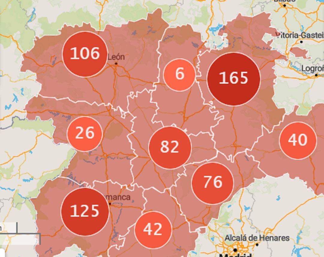 Mapa con el número de infectos por coronavirus en Castilla y León a las 13.00 del miércoles 28 de marzo