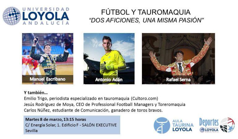 Cartel de la jornada taurino-futbolística que tendrá lugar este martes en la Universidad Loyola Andalucía en Sevilla