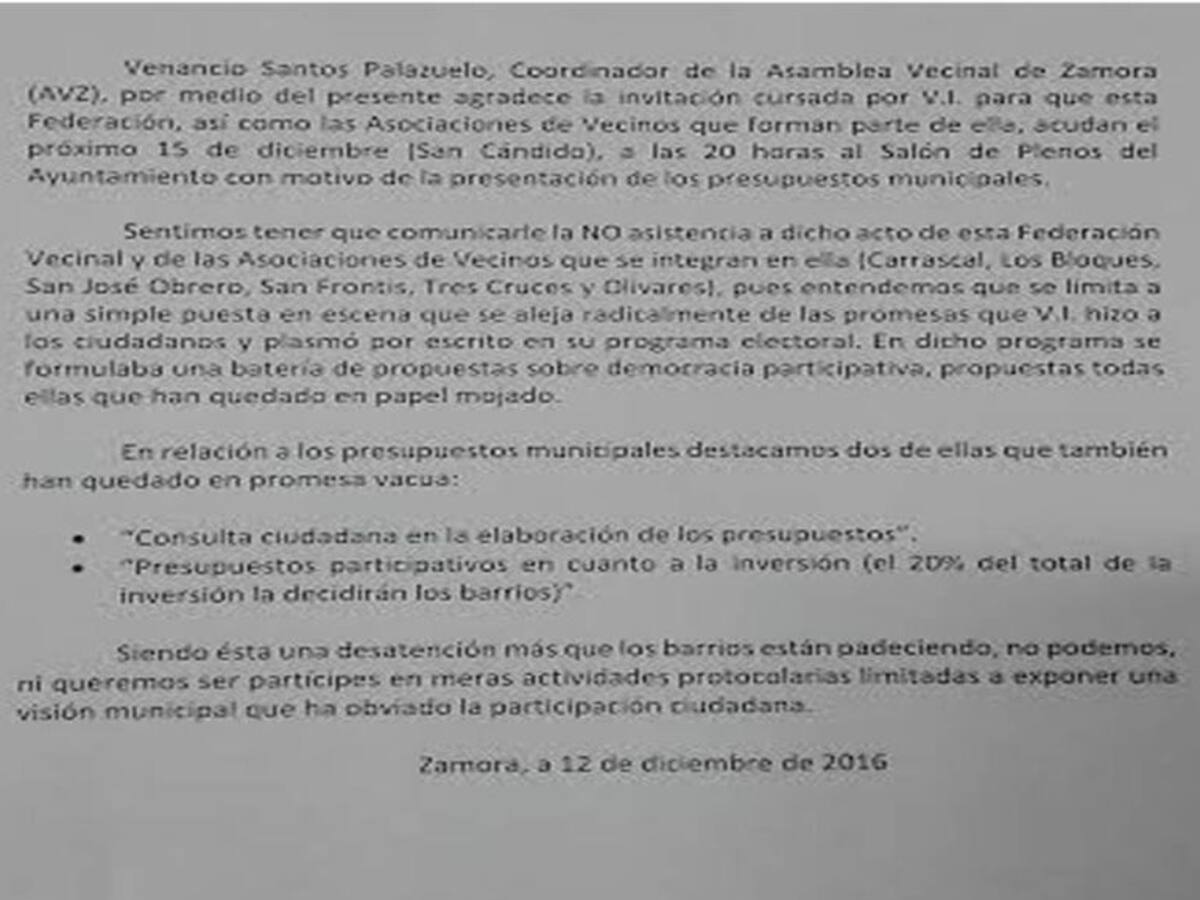 AVZ planta al alcalde en la reunión de presupuestos
