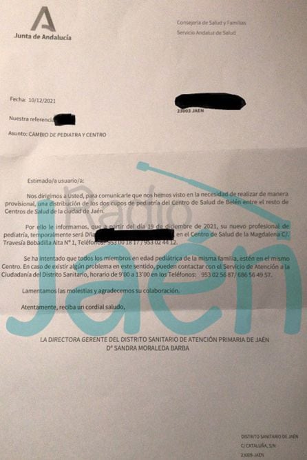 La carta que se está mandando a los padres y madres de menores del Centro de Salud de Belén y San Roque de Jaén