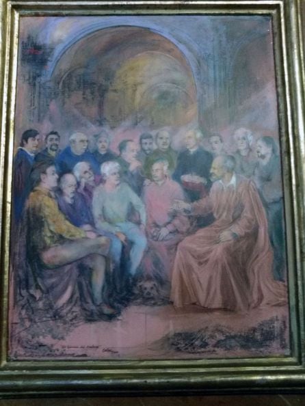 Una de las siete tablas que conforman el Retablo de San Felipe Neri, de Roibal, en la que se aprecian algunos personajes conquenses como Víctor de la Vega, Raúl del Pozo, Guerra Campos, Manuel Martínez Moset, Luis Cañas, Arturo Ballesteros, entre otros, a