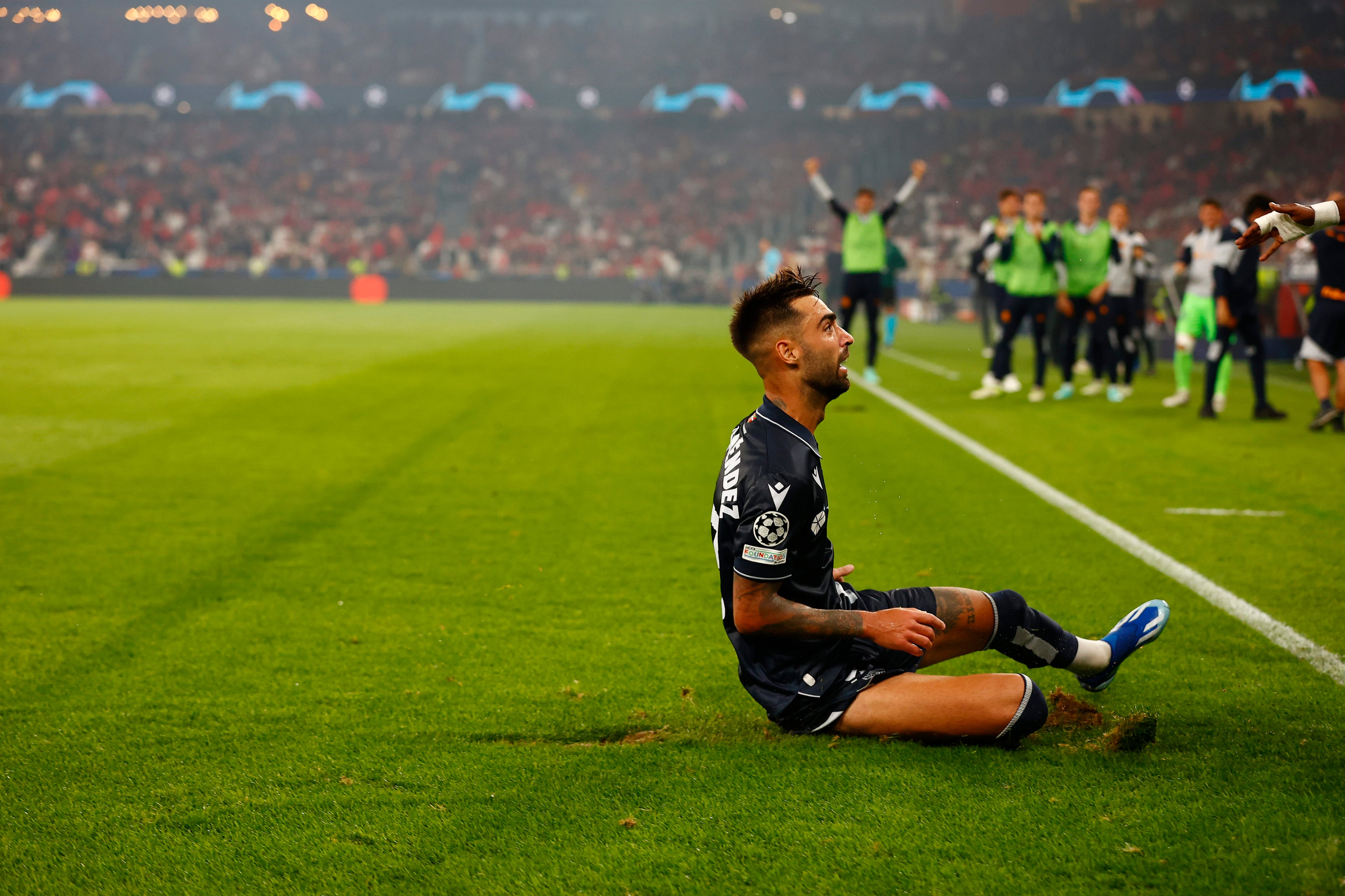 LISBON, PORTUGAL - OCTOBER 24: Brais Mendez of Real Sociedad celebrates after scoring his team&#039;s first goal during the UEFA Champions League match between SL Benfica and Real Sociedad at Estadio do Sport Lisboa e Benfica on October 24, 2023 in Lisbon, Portugal. (Photo by Joao Rico/DeFodi Images via Getty Images)