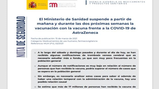 Comunicado Ministerio de Sanidad