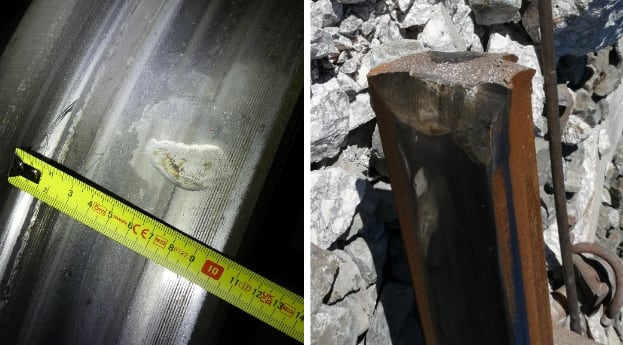 Muescas presentes en la rueda derecha del eje 13 del tren de Iryo (coche 4, primereje del primer bogie) y posible punto de colisión con la cabeza del carril.